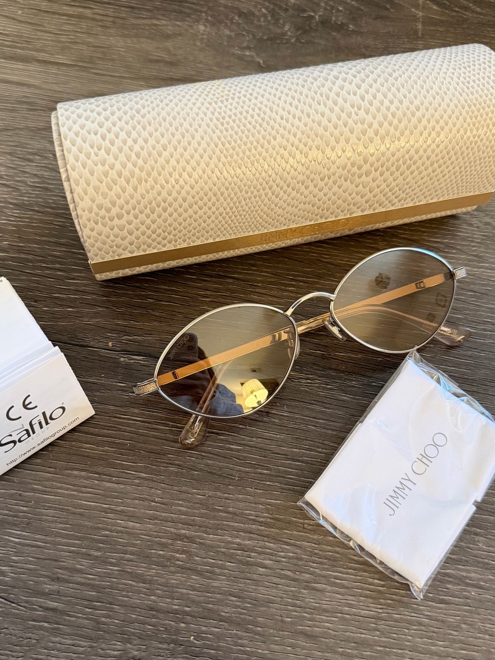 Jimmy Choo Gold Round Sunglasses with Beige Case and Light Brown Lenses